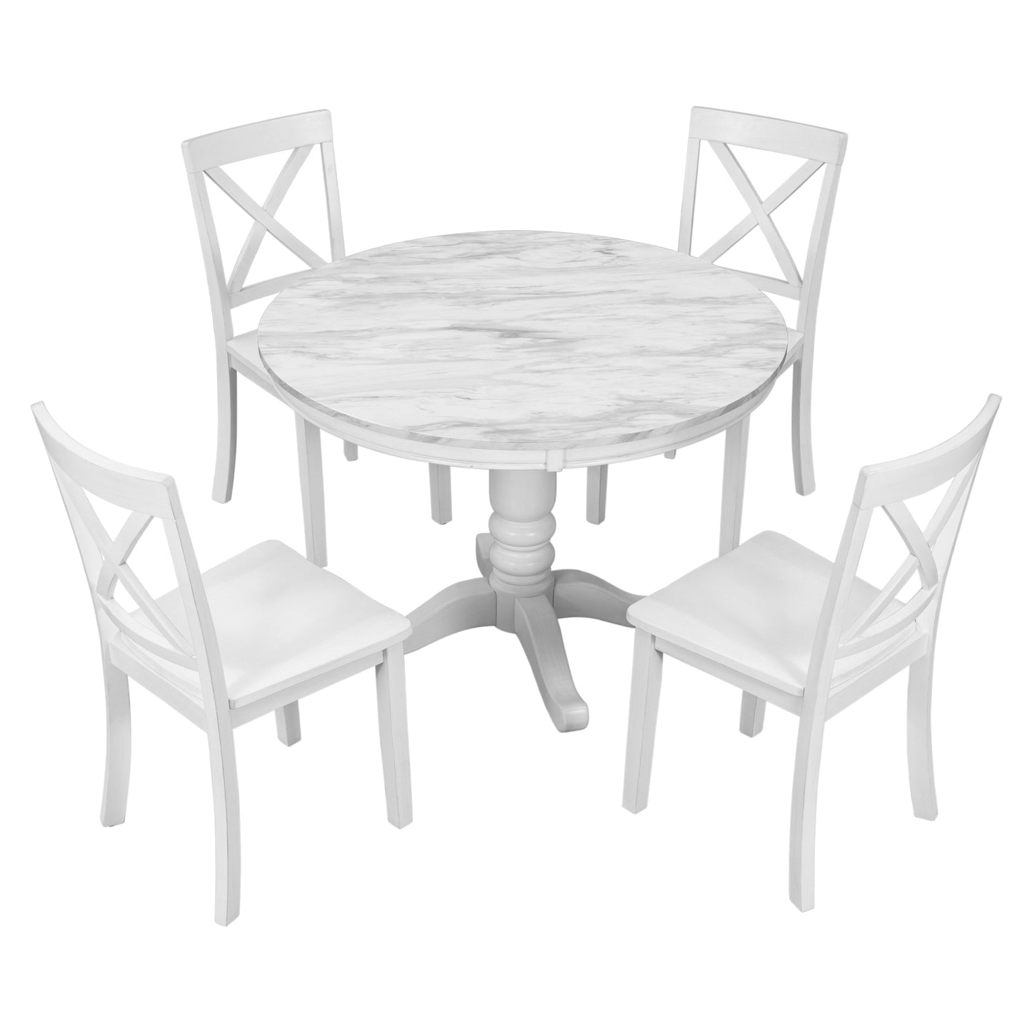 White round marbletop dining table set with four chairs