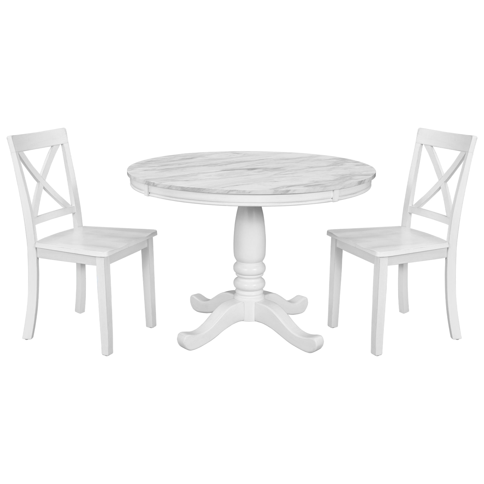 White round marble top pedestal dining table with two matching crossback chairs