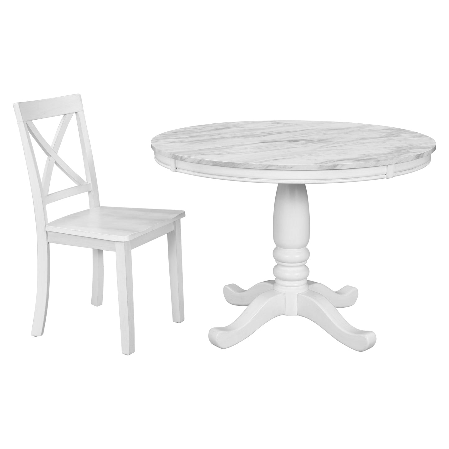 White wooden chair with Xback detail and round marble pedestal dining table