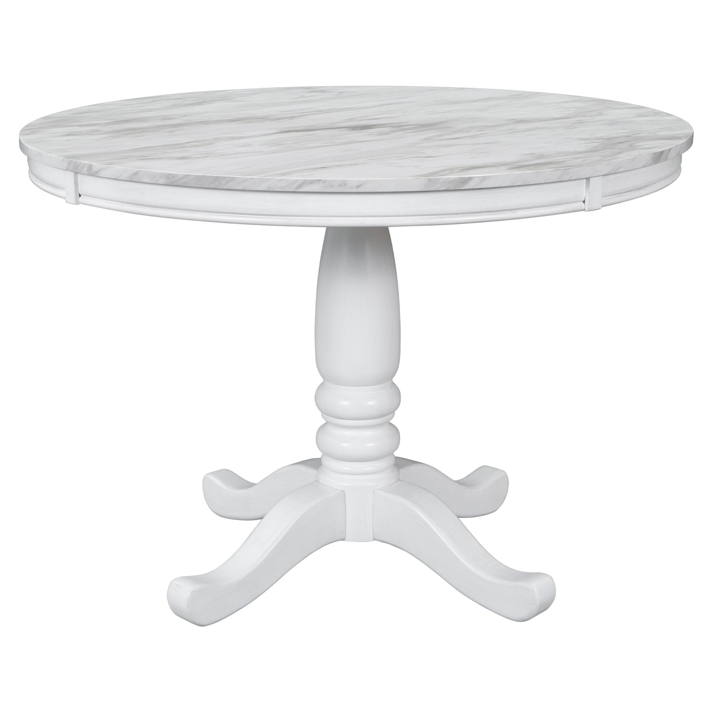 Round white pedestal dining table with faux marble top