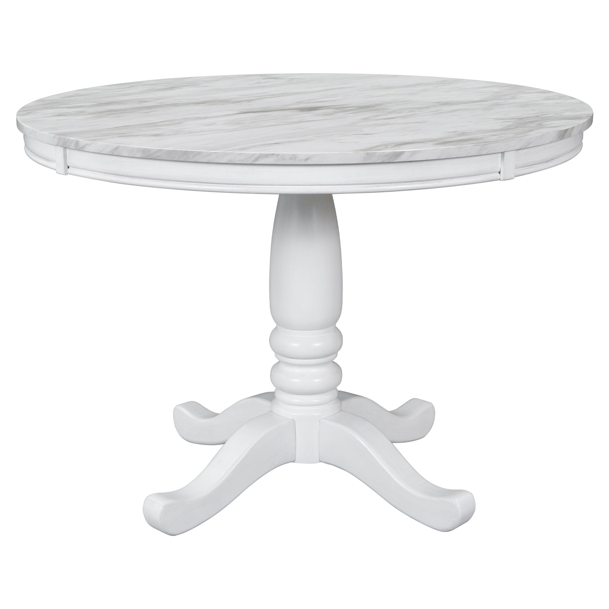 Round white pedestal dining table with faux marble top
