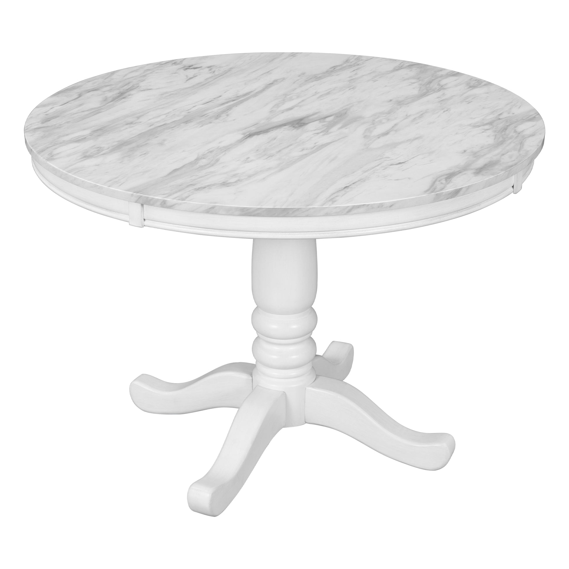 Round marble top dining table with white pedestal base