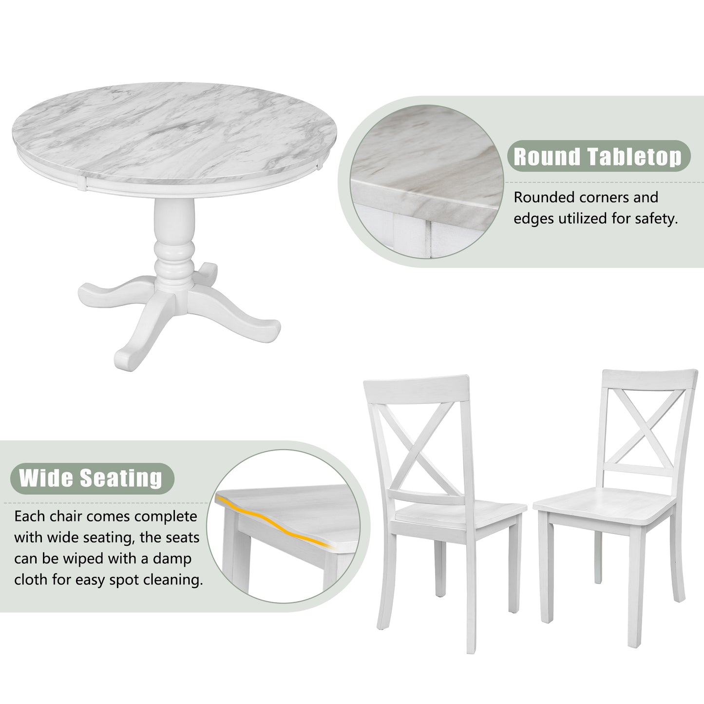 White round dining table with marblelook top and pedestal base