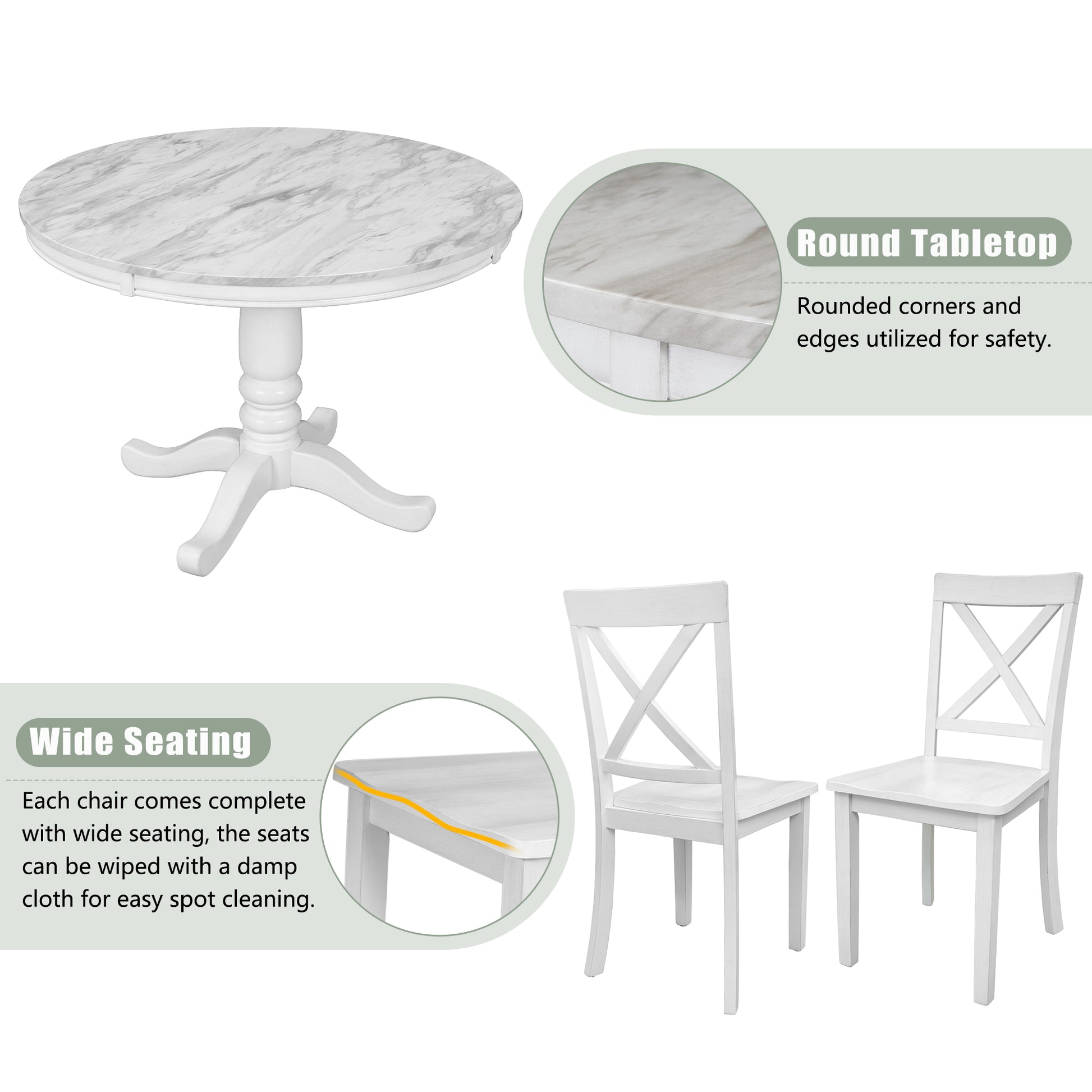 White round dining table with marblelook top and pedestal base