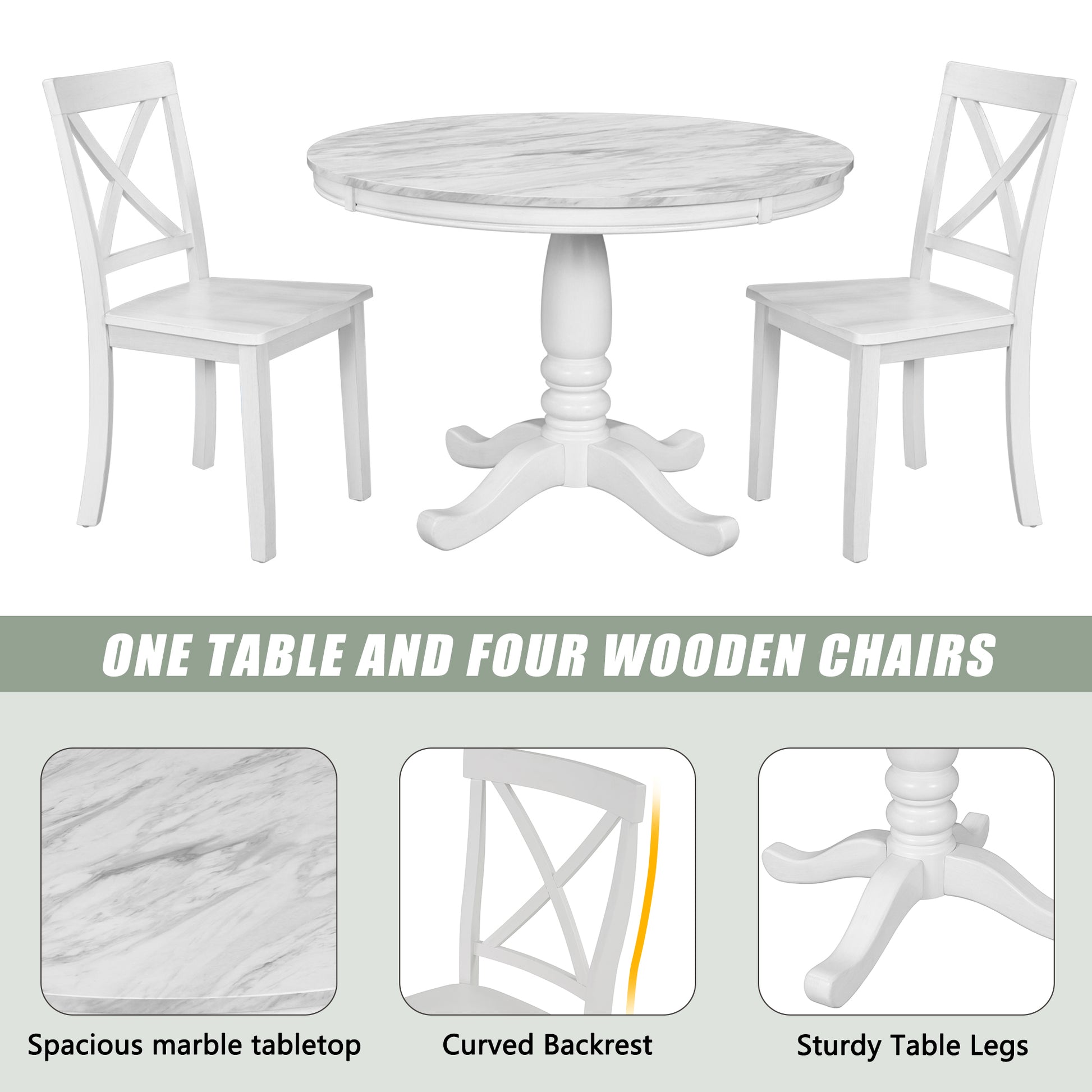 White wooden dining table with marble top and two crossback chairs