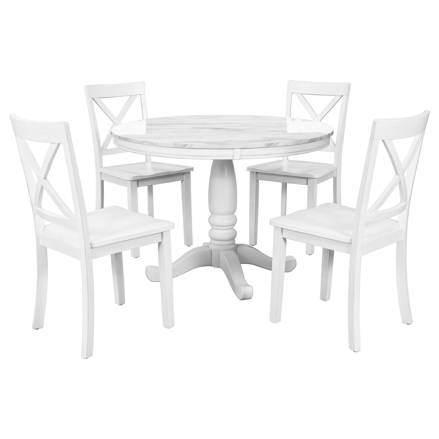 White round marble top dining set with four crossback chairs