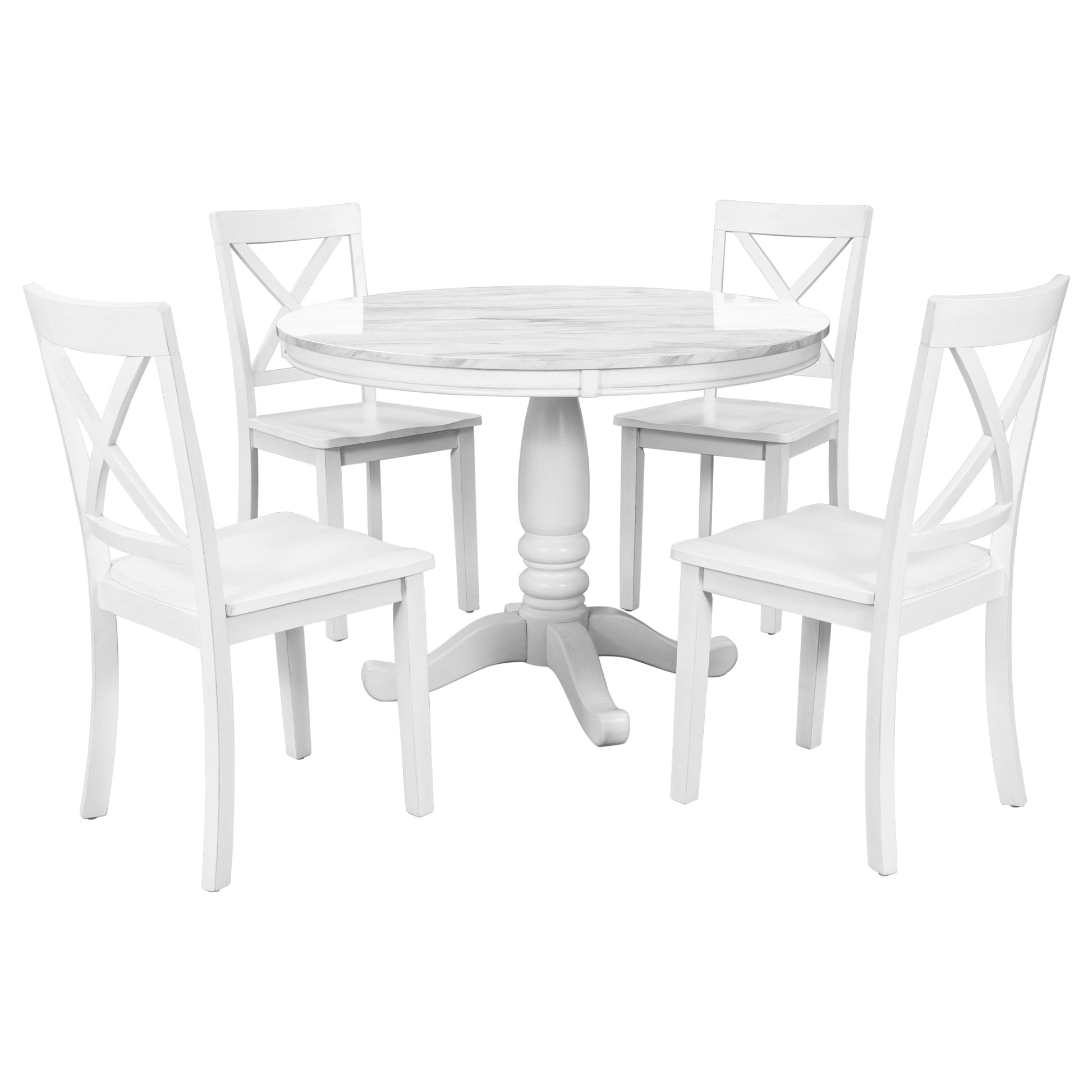 White round marble top dining set with four crossback chairs