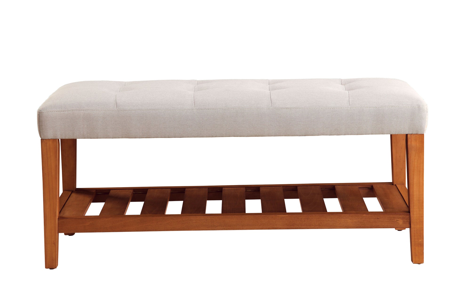 Tufted beige fabric bench with slatted wood shelf