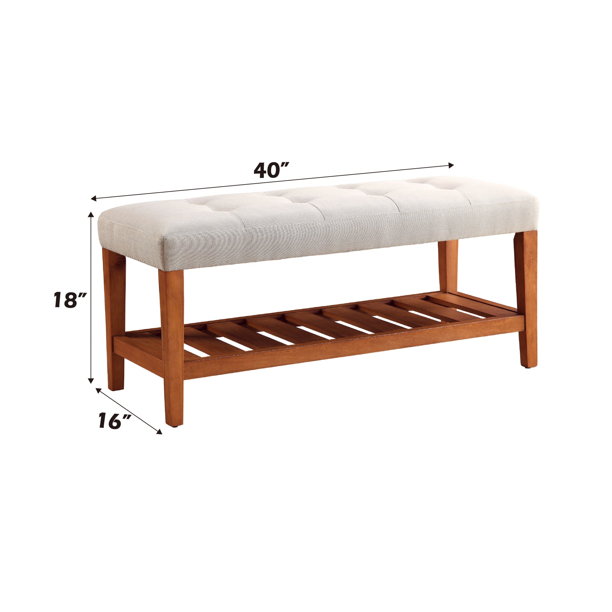 Tufted cream fabric bench with slatted wood storage shelf