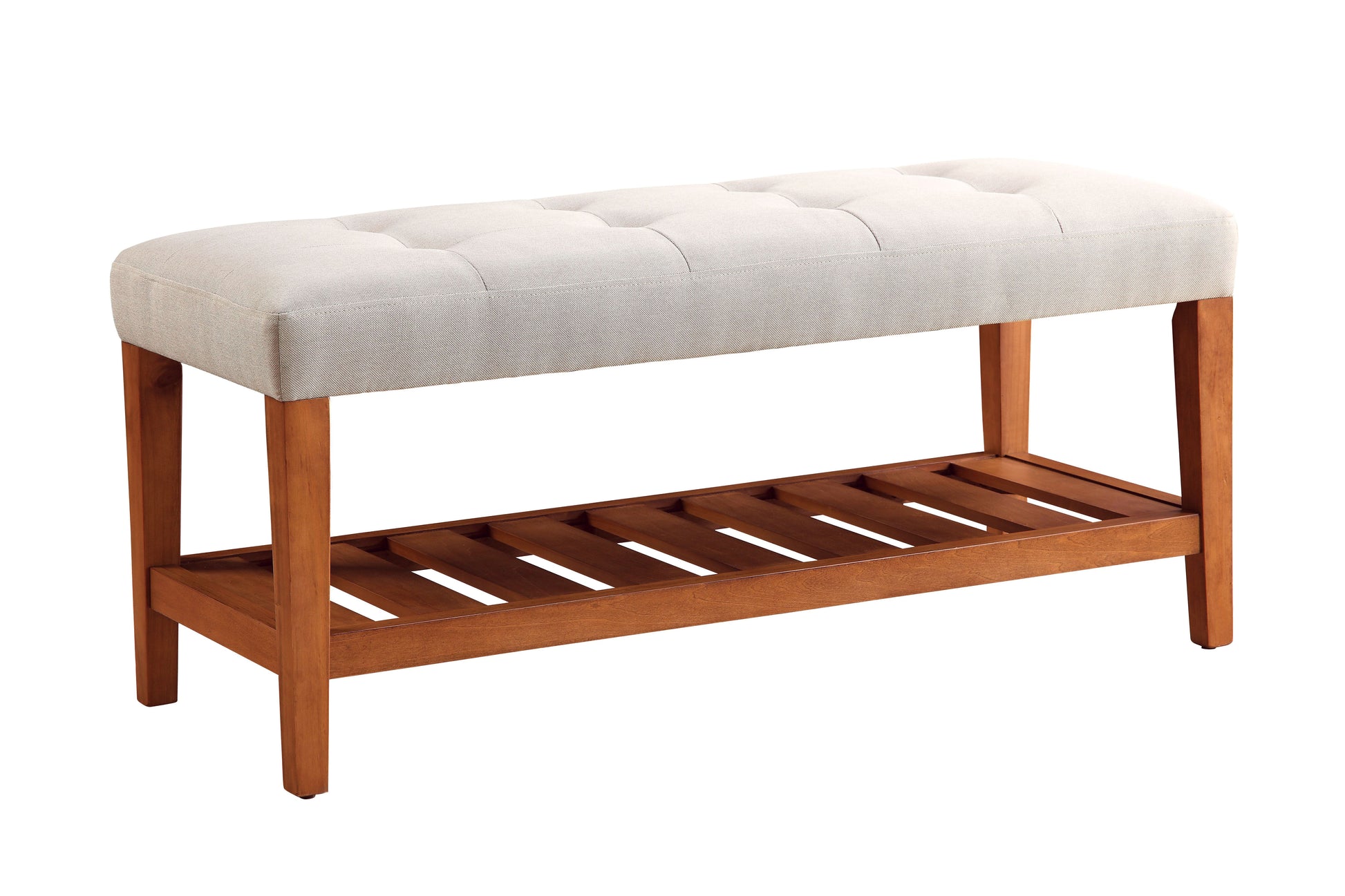Tufted linen storage bench with wooden legs and slatted shelf