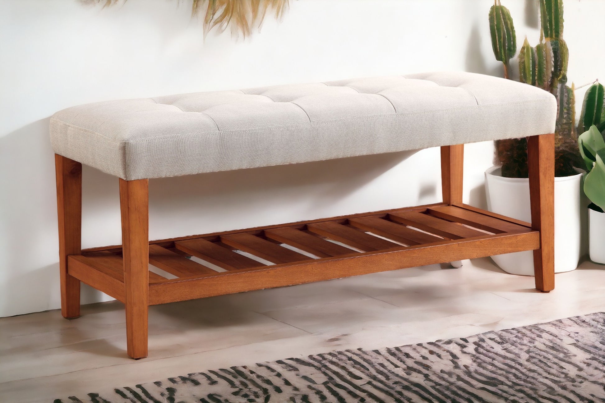 Tufted linen entryway bench with wood slatted shelf in light beige