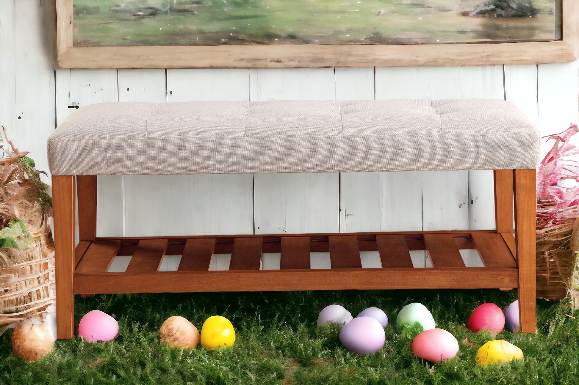 Tufted beige upholstered entryway bench with slatted wood shelf