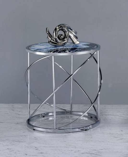Modern chrome side table with swirling metal base and marble top