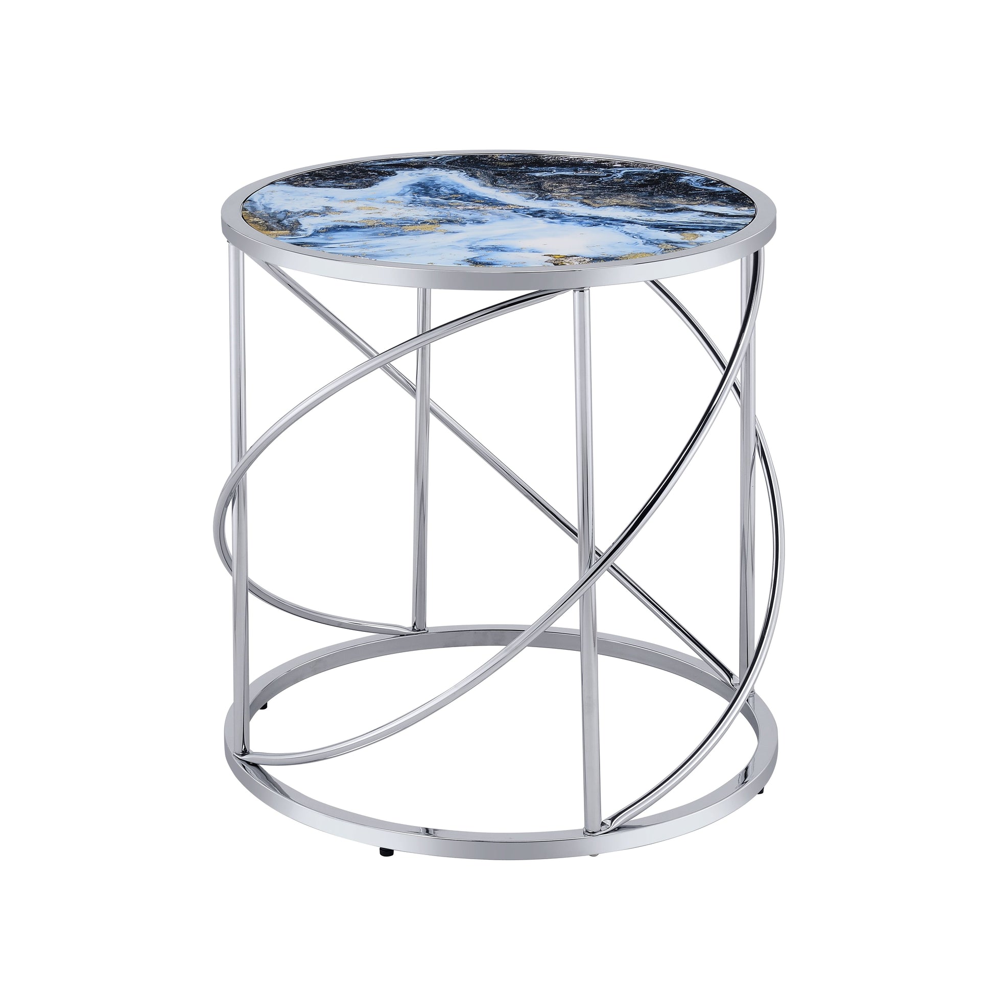 Round end table with marbled blue and gold top and chrome metal base