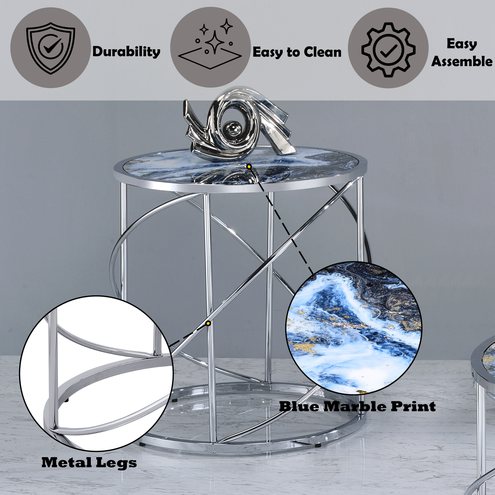 Modern round end table with blue marble print top and chrome metal legs