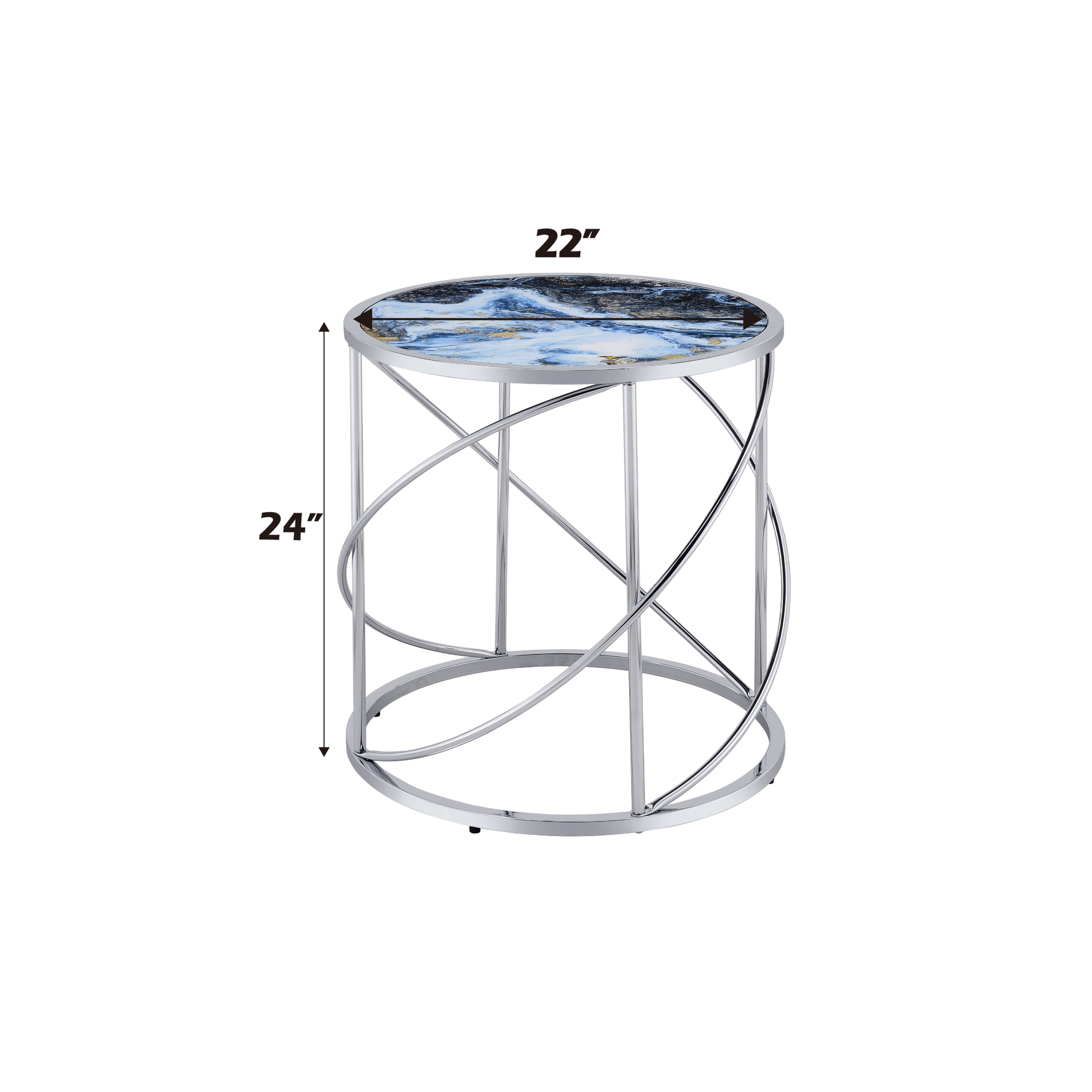 Elegant chrome nesting table with a blue and gold marbled top  inches diameter