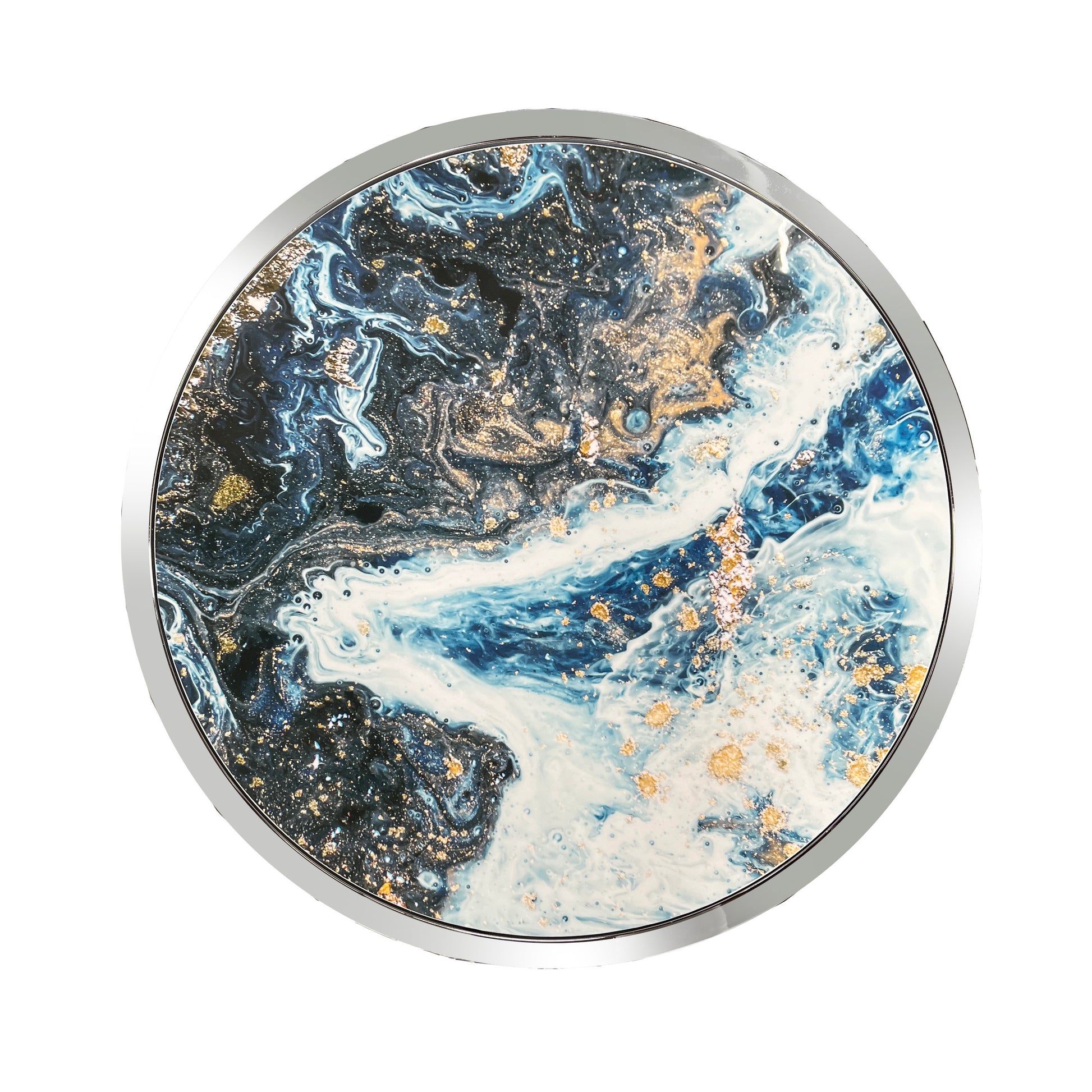 Round coaster with abstract blue black and white marble pattern with gold flecks