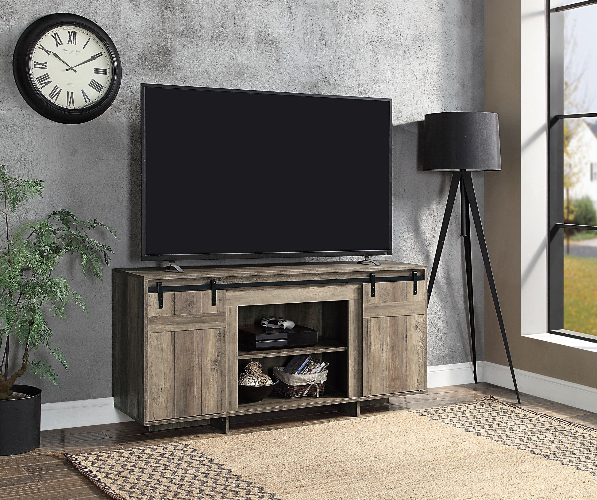 Rustic wood TV stand with sliding barn doors ample storage for media devices