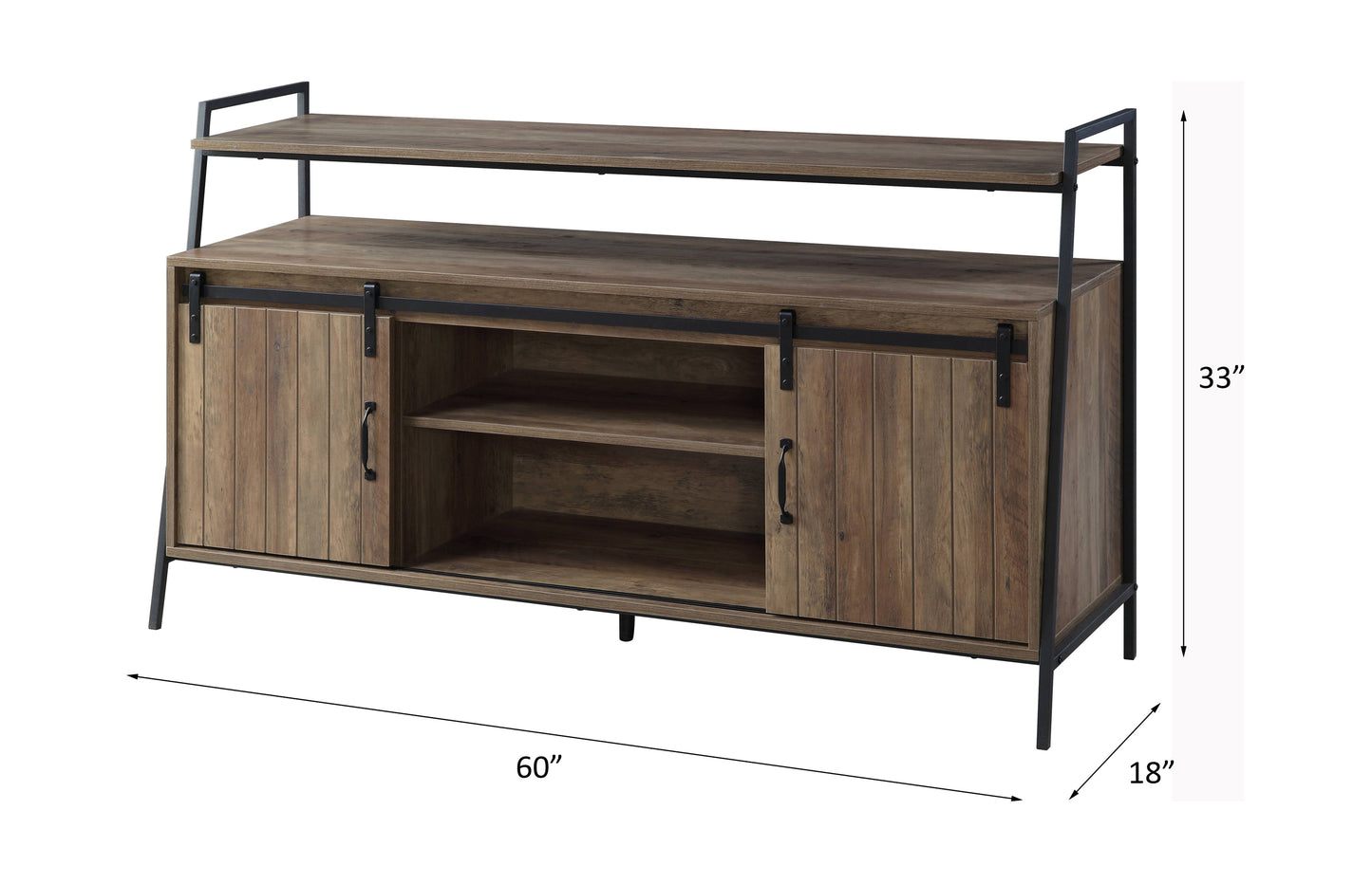 Rustic brown wood TV stand with sliding barn doors and black metal frame