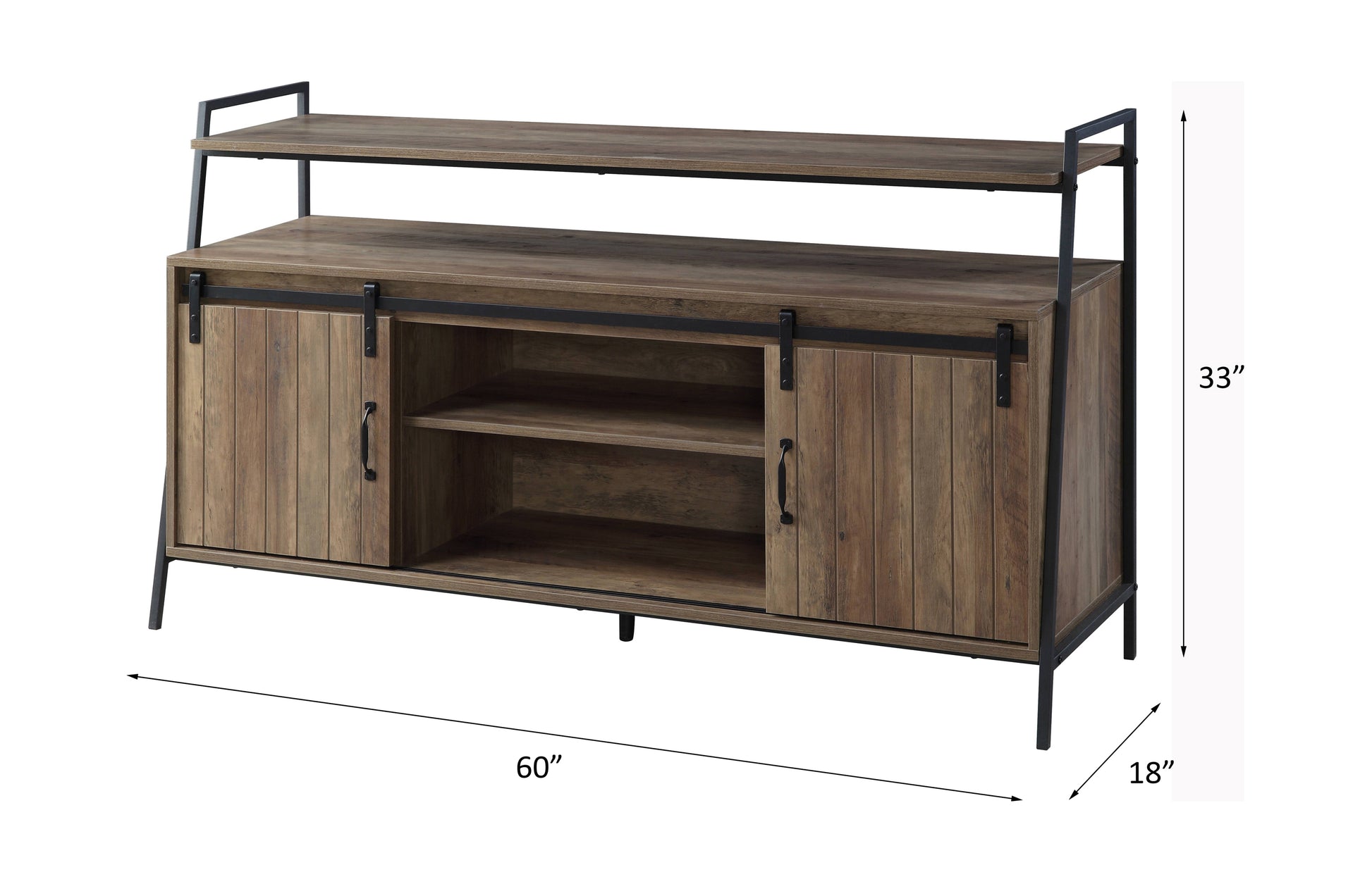 Rustic brown wood TV stand with sliding barn doors and black metal frame