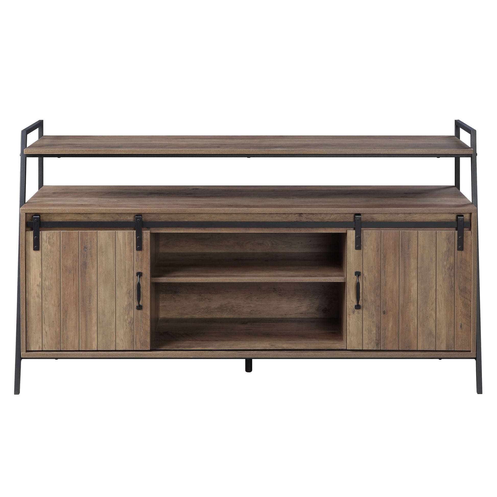 Rustic wood media console with sliding barn doors and black metal frame