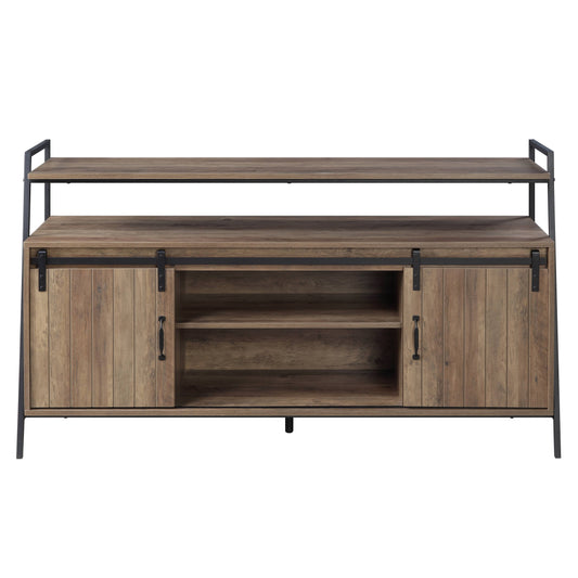 Rustic wood media console with sliding barn doors and black metal frame