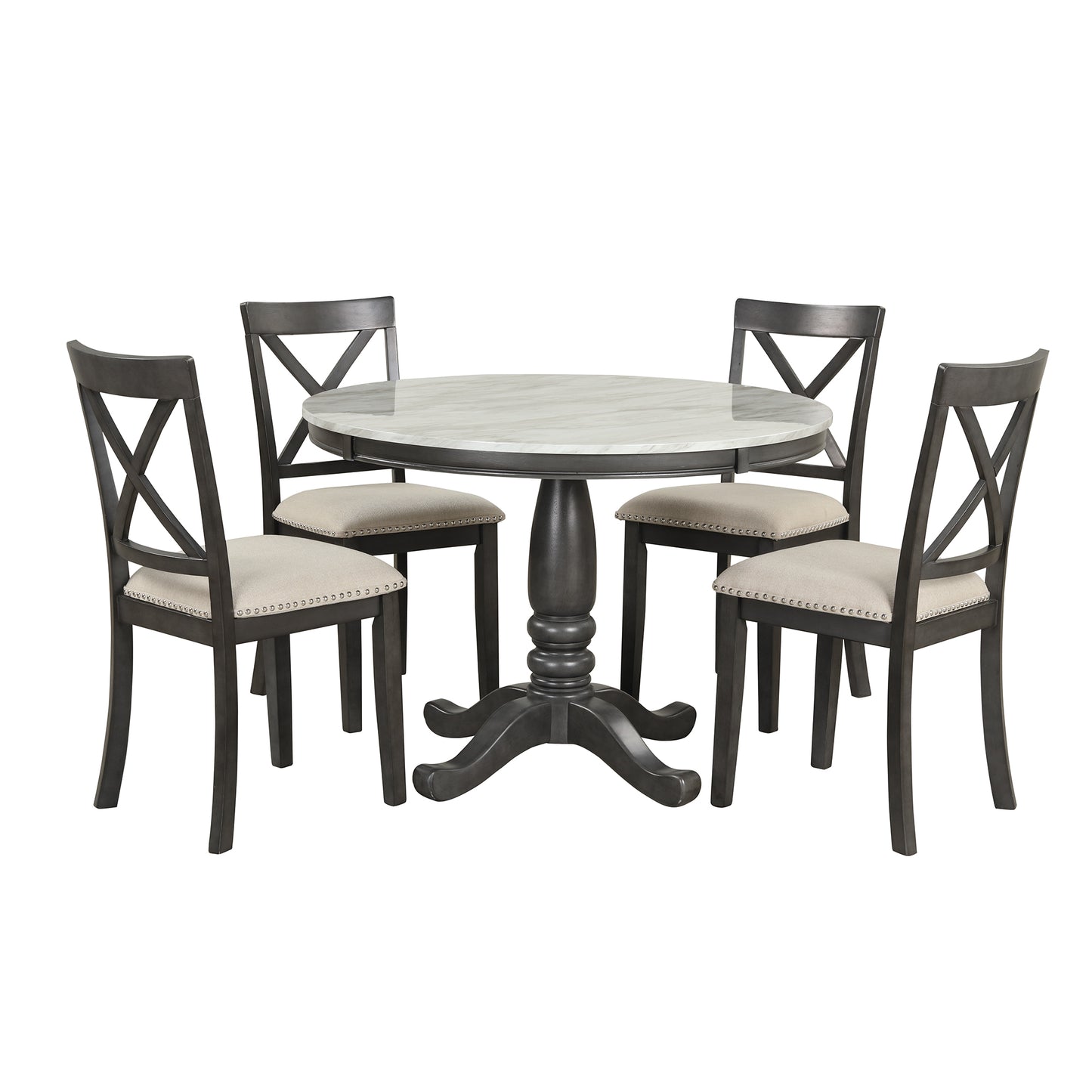 Round marble top dining table with four dark gray upholstered chairs