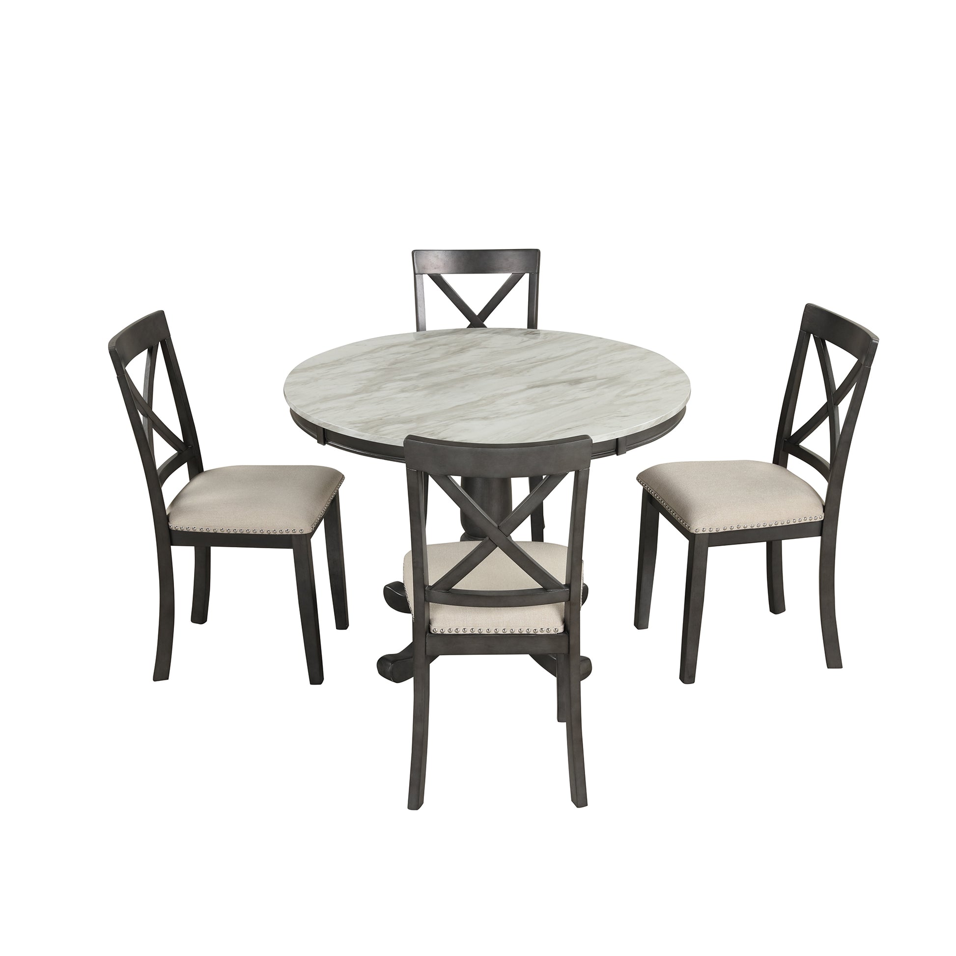 Round dining table with marbled top  four upholstered chairs