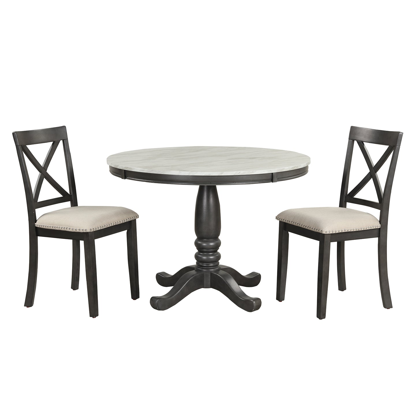 Round marble top dining table with dark wood pedestal base and two upholstered chairs