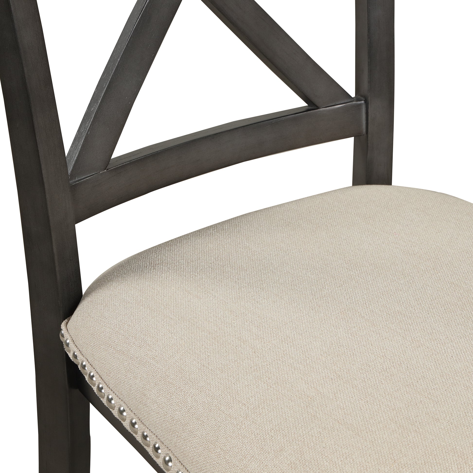 Dark gray wooden chair frame with upholstered beige seat and nailhead trim
