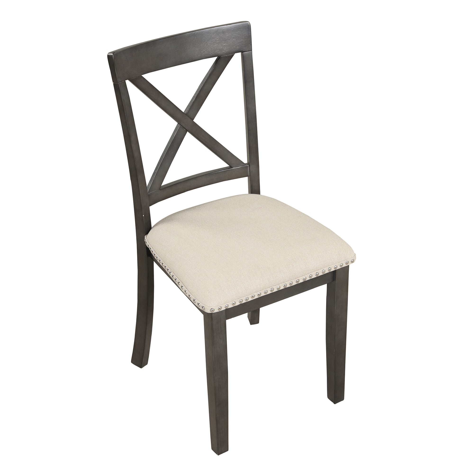 Dark gray wooden dining chair with beige upholstered seat and crisscross back