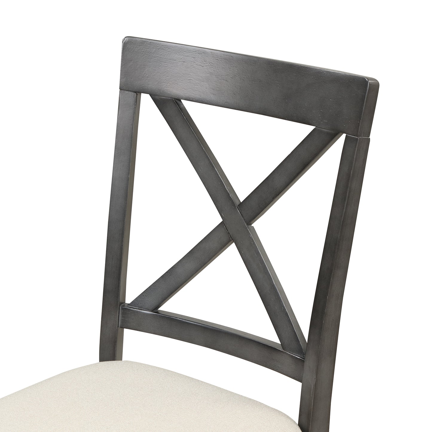 Closeup of dark gray wooden chair back with cream upholstered seat