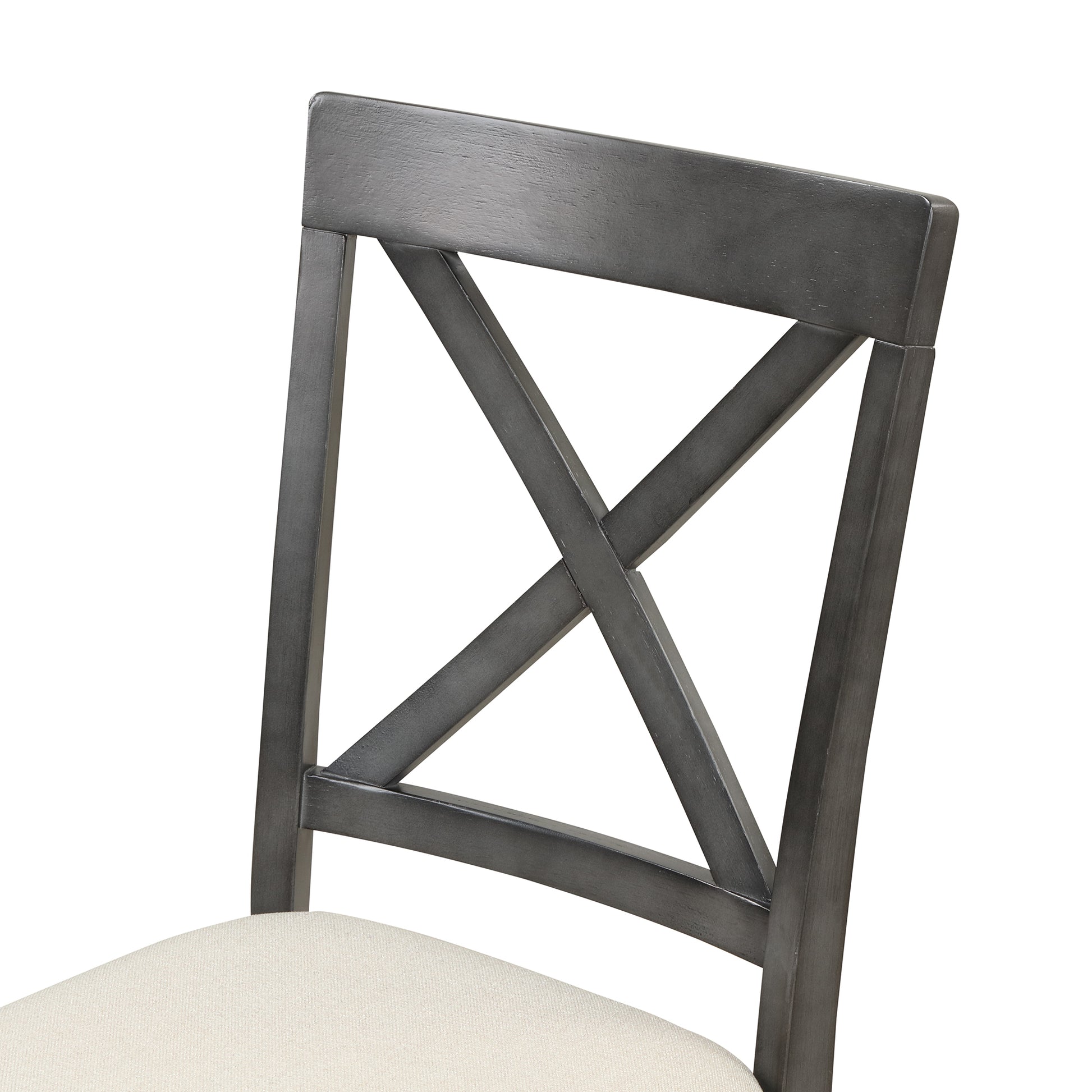Closeup of dark gray wooden chair back with cream upholstered seat