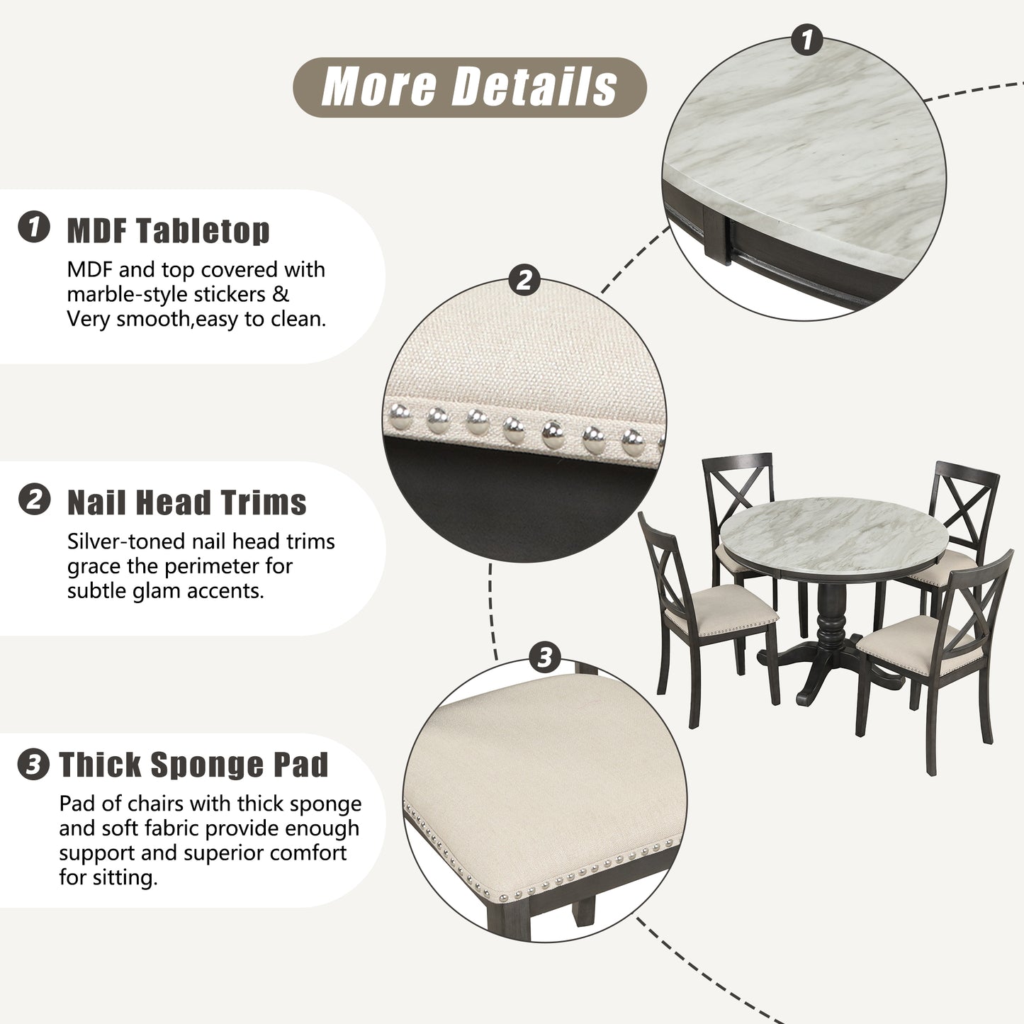 Round MDF dining table with marblestyle top and four chairs