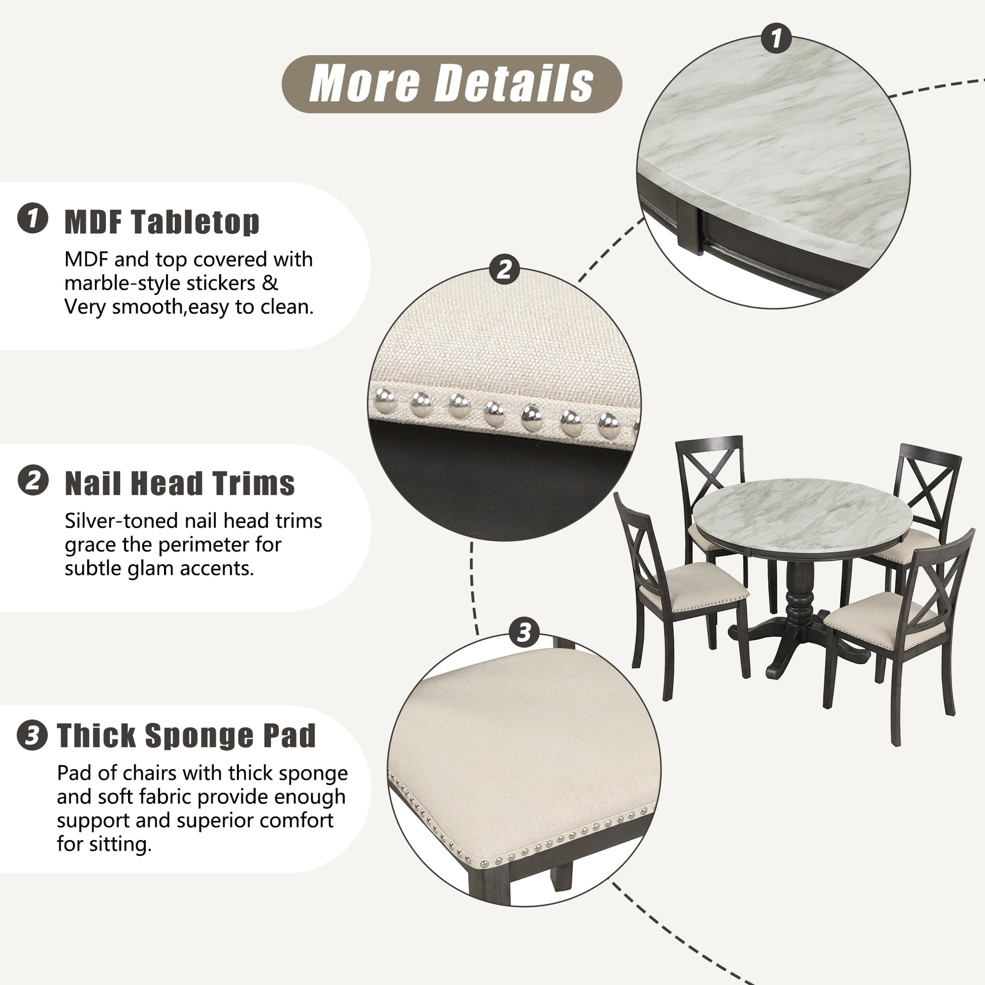 Round MDF dining table with marblestyle top and four chairs