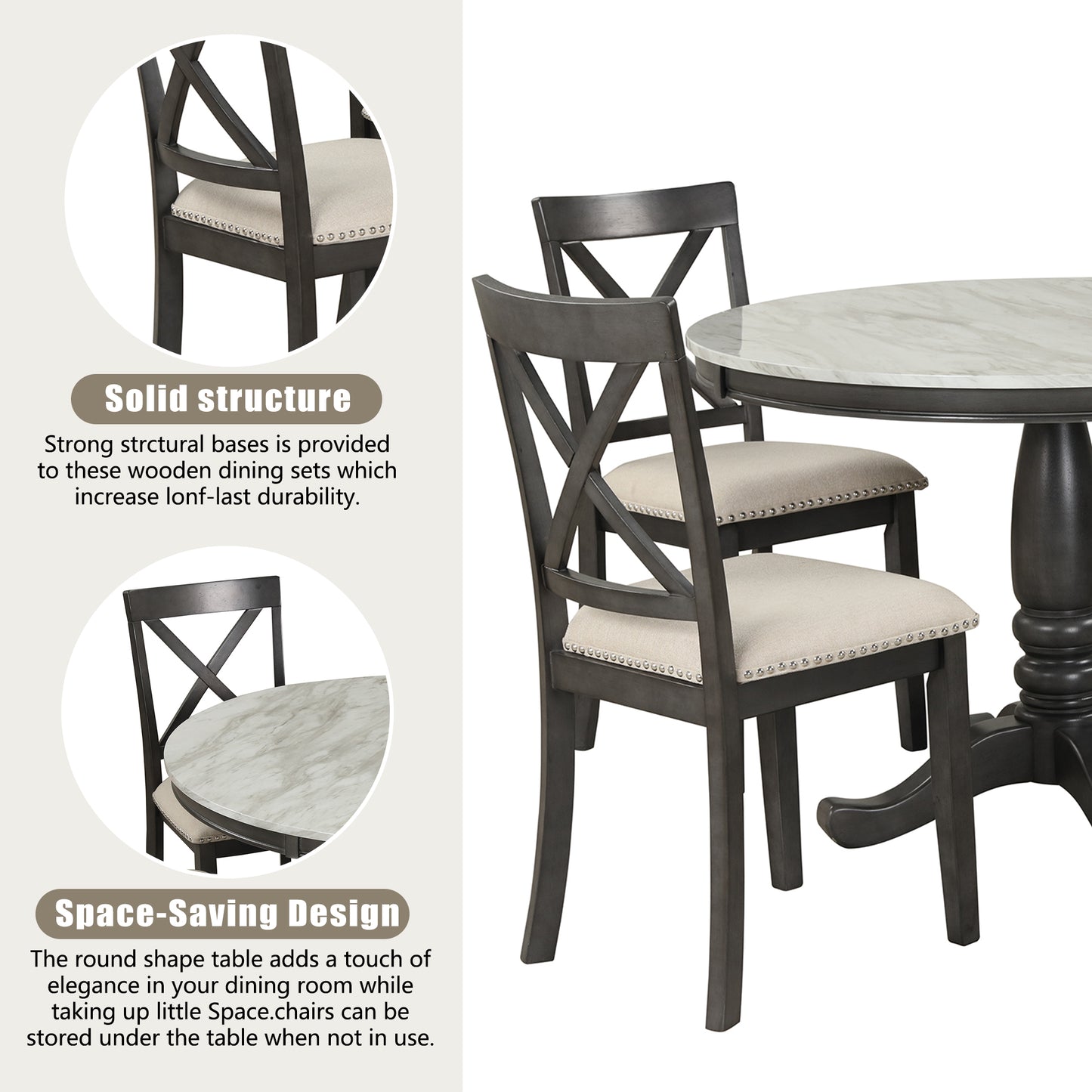 Dark gray wooden dining chairs with beige upholstered seats and marble top round table