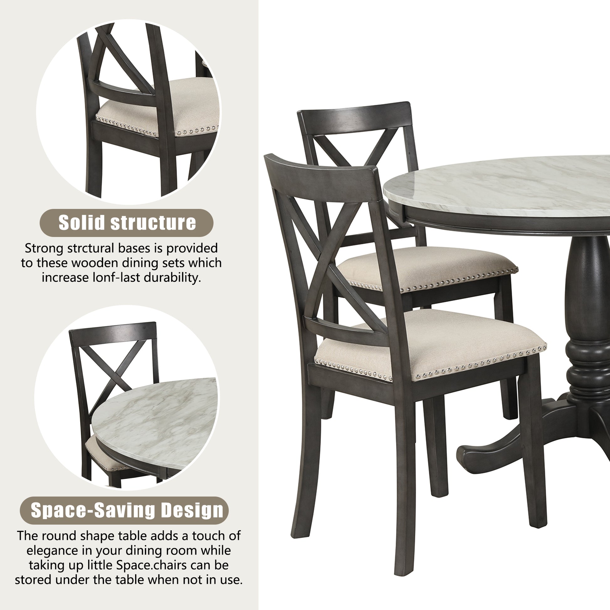 Dark gray wooden dining chairs with beige upholstered seats and marble top round table