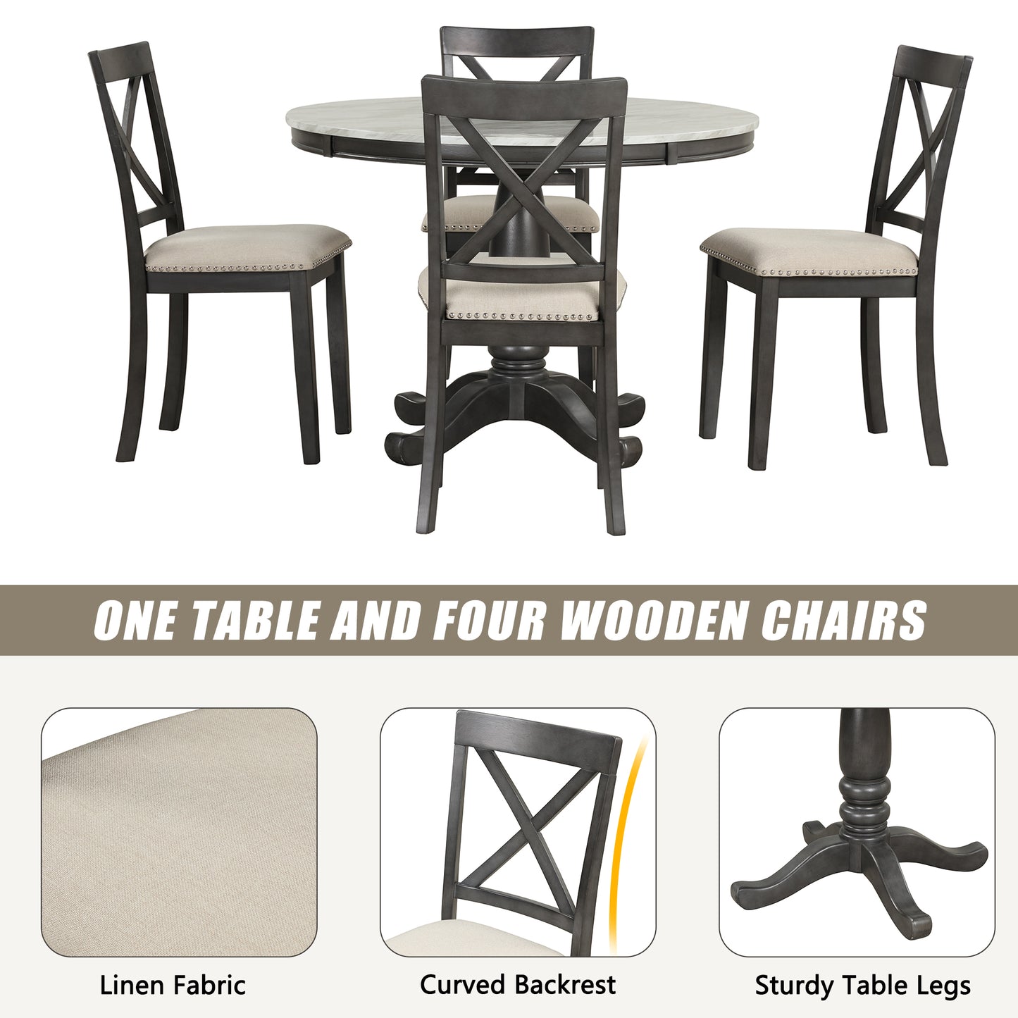 Dark gray dining table set with four upholstered chairs