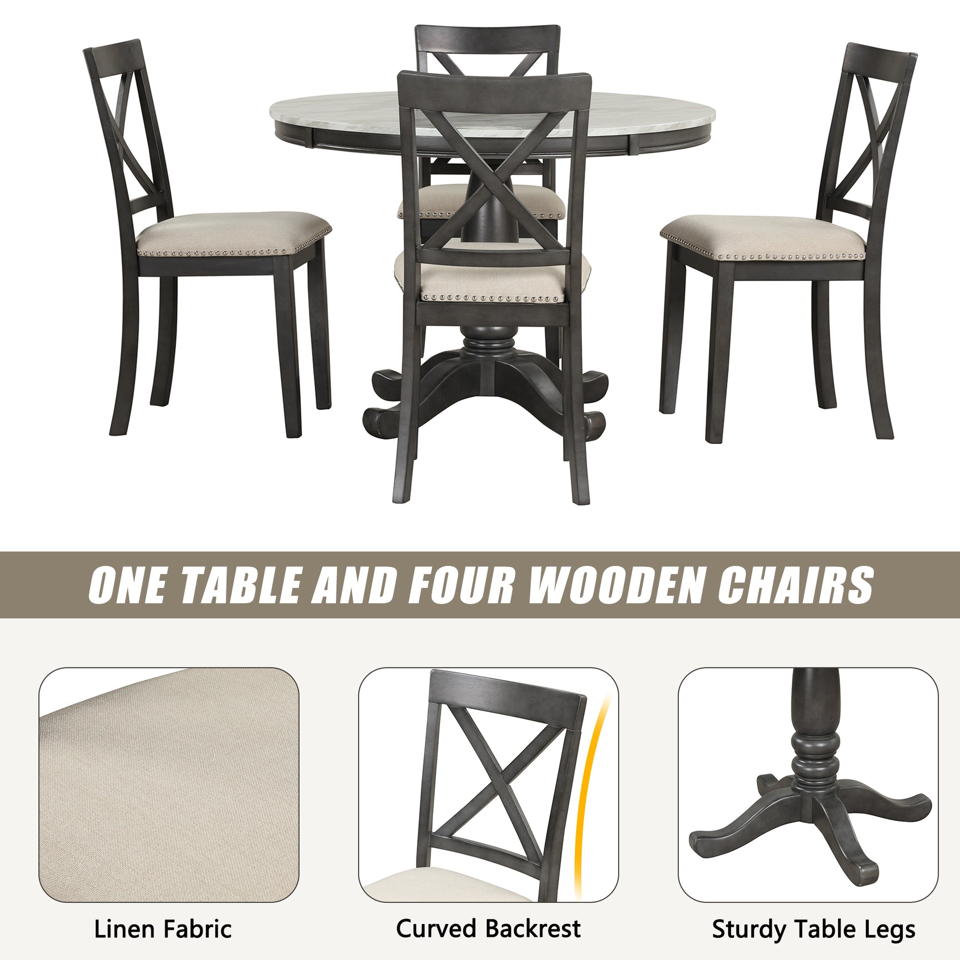 Dark gray dining table set with four upholstered chairs