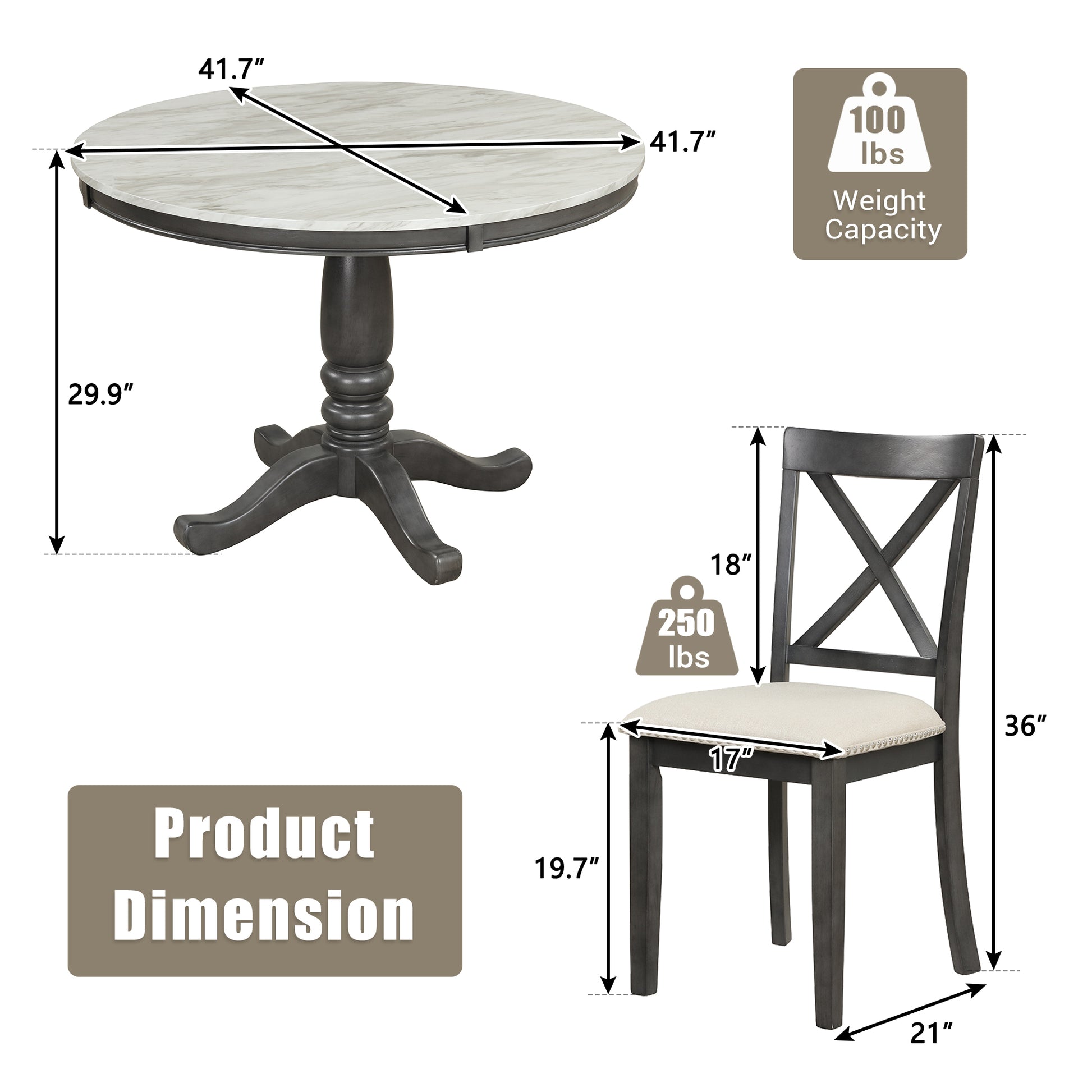 Round dining table with faux marble top and dark gray pedestal base Dimensions  W x  D x  H