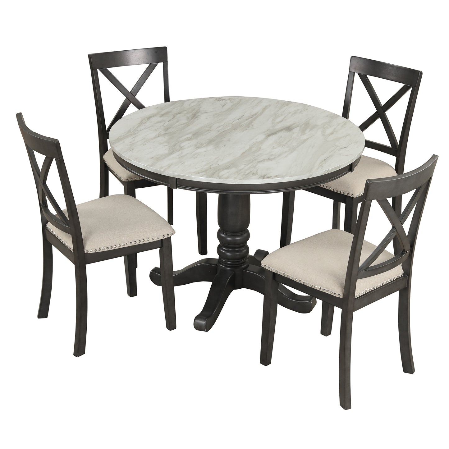Round marble top dining table with four dark grey chairs