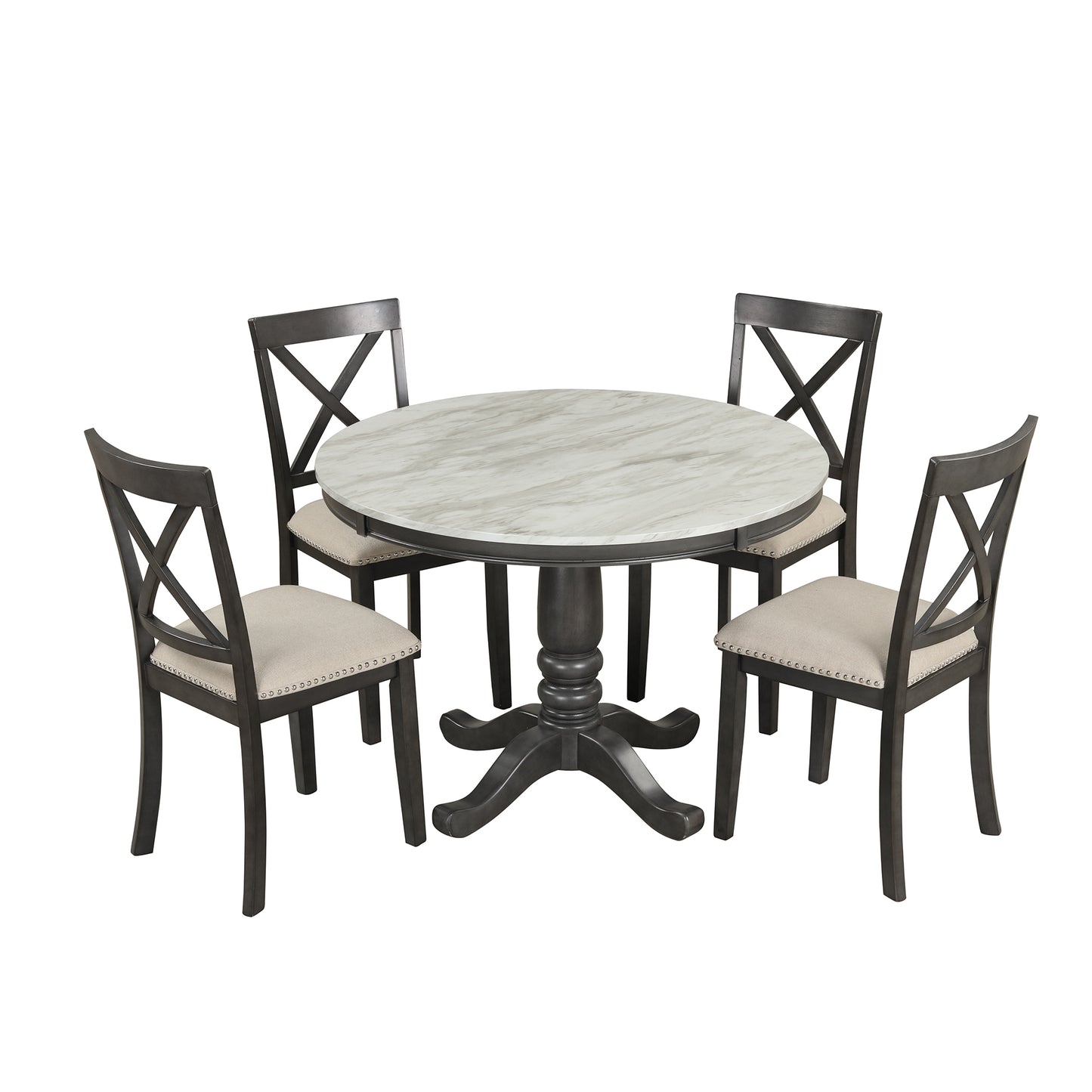 Dark gray round dining table with marblelook top and four upholstered chairs