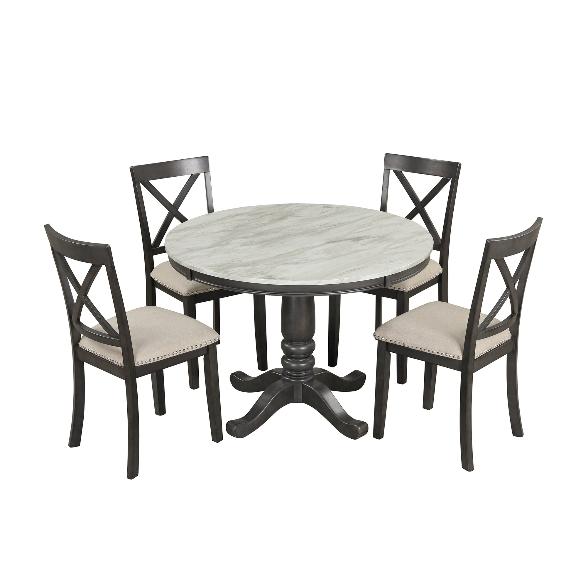 Dark gray round dining table with marblelook top and four upholstered chairs