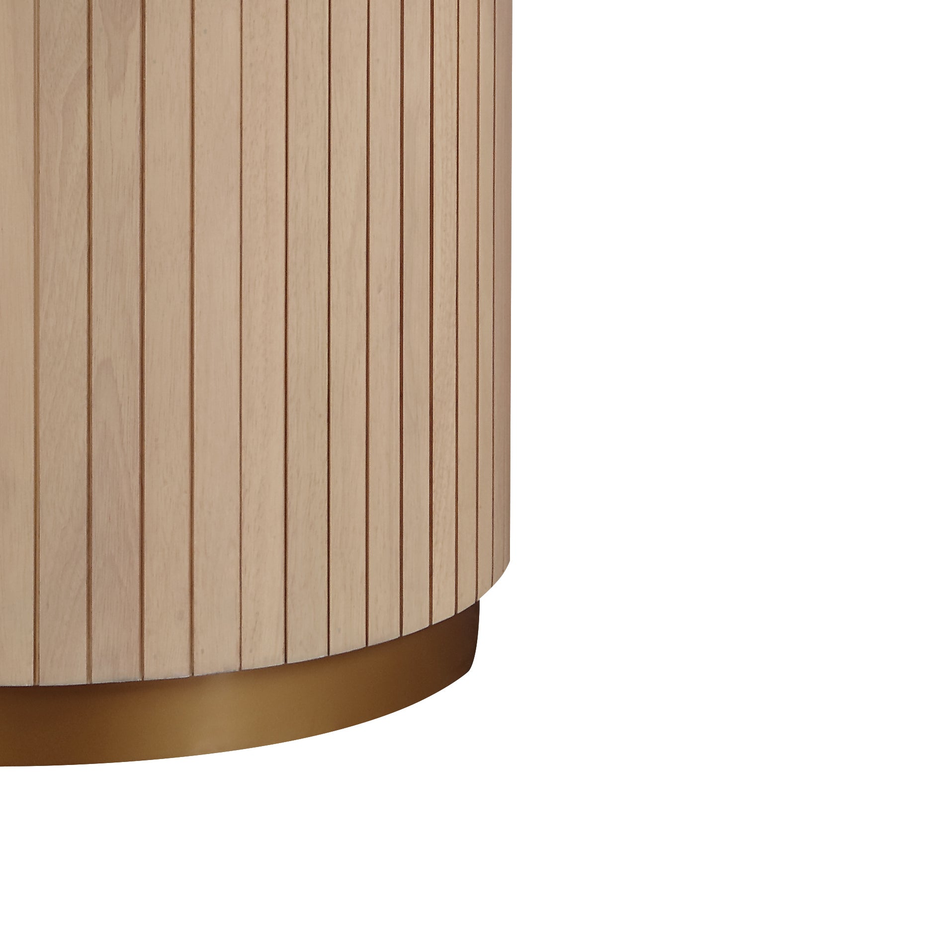 Closeup of a light wood slatted cylindrical cabinet base with a brushed brass accent