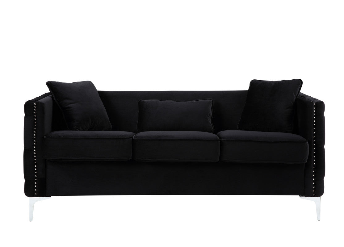 Black velvet sofa with nailhead trim and silver legs