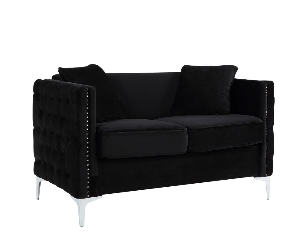 Black velvet loveseat with tufted sides and silver nailhead trim