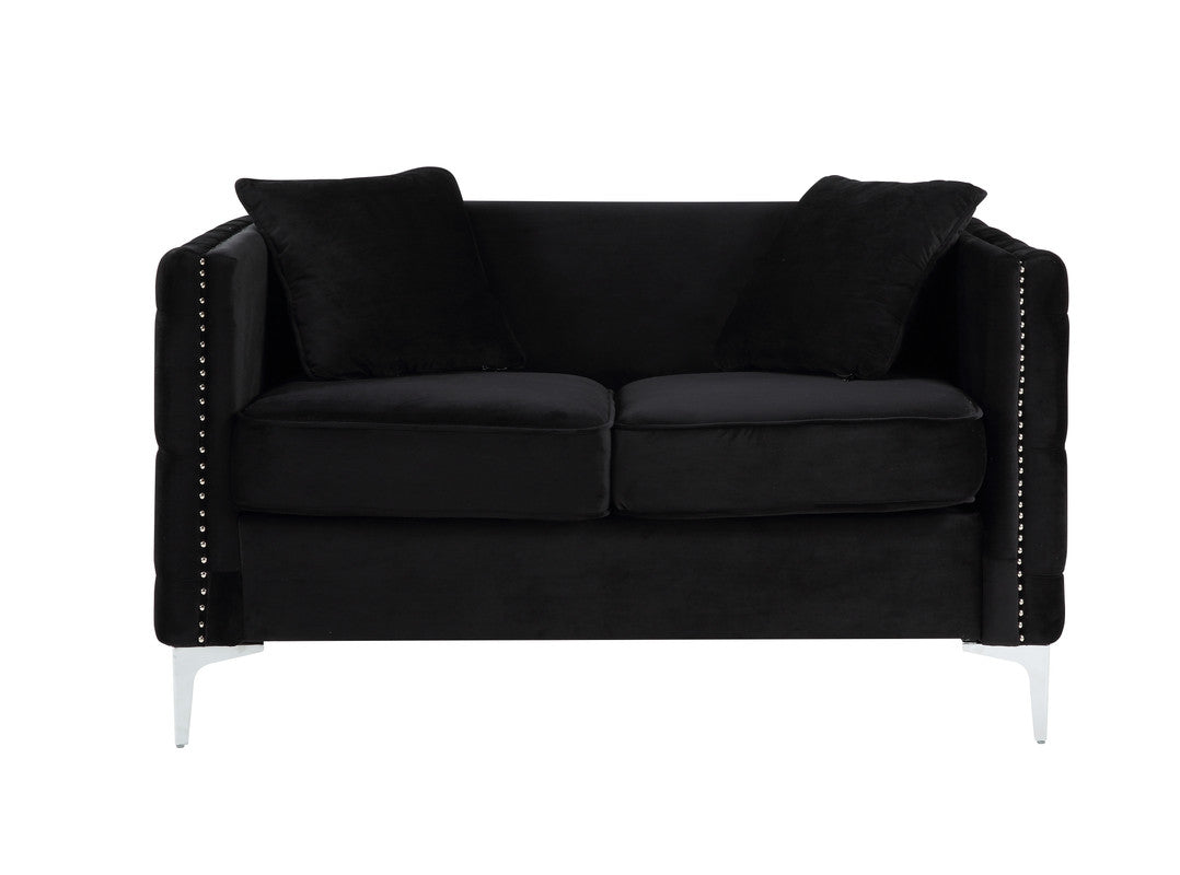 Black velvet loveseat with silver nailhead trim and modern chrome legs