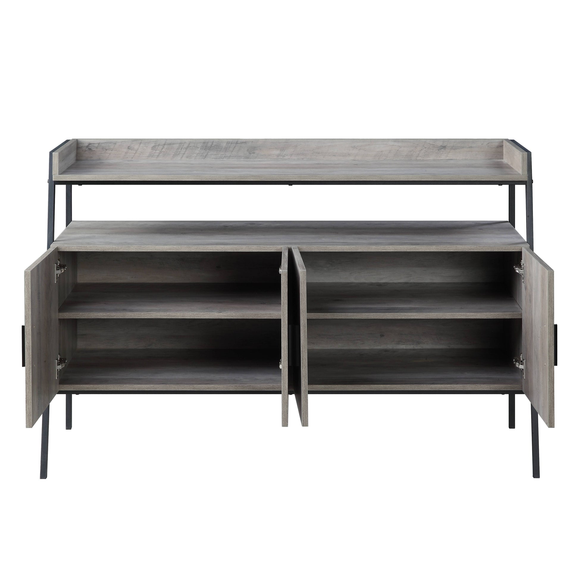 Grey wood console table with black metal legs and open doors revealing shelves