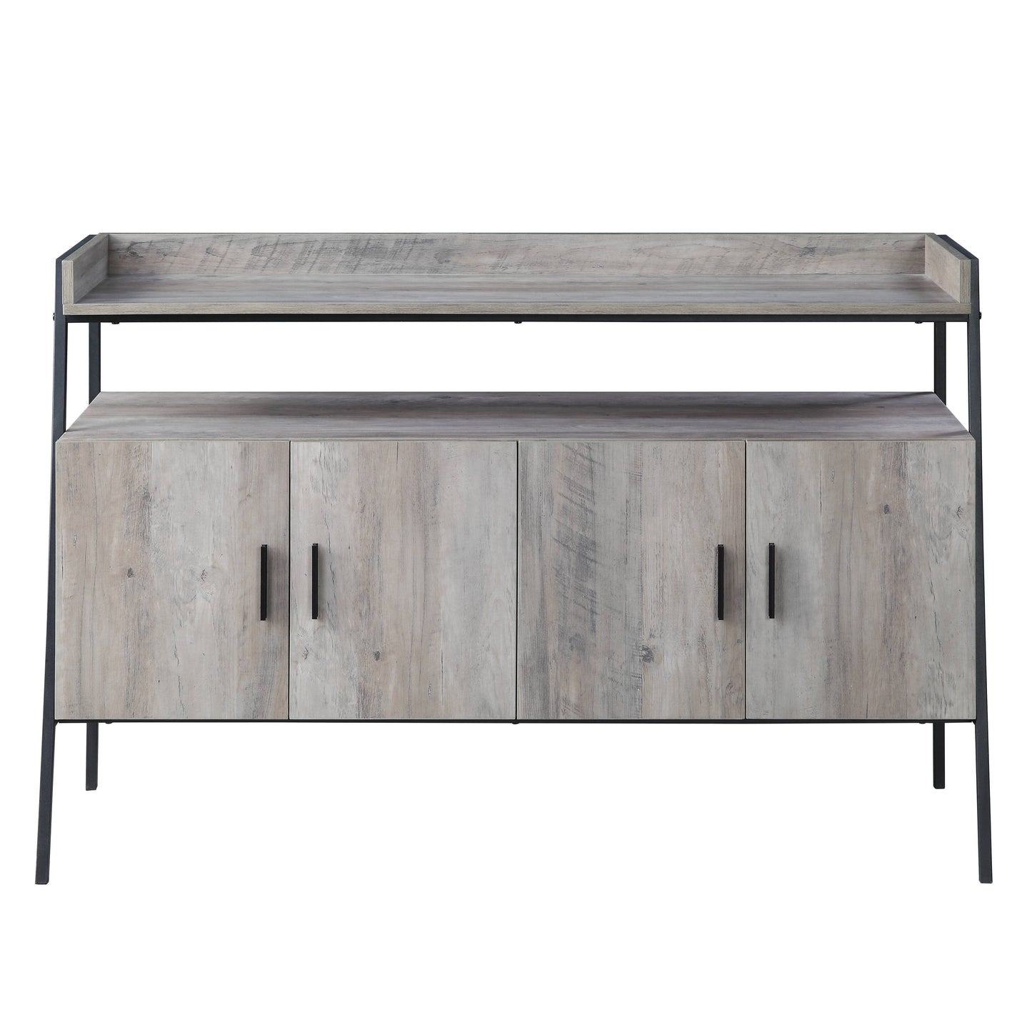 Rustic grey wood media console with black metal frame and four doors