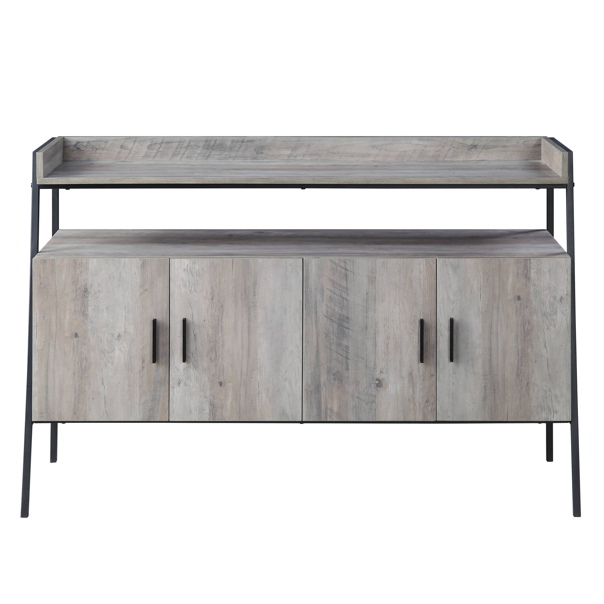 Rustic grey wood media console with black metal frame and four doors